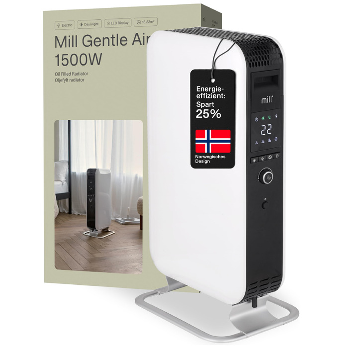 Масляний радіатор Mill, 1500 Вт, електричний обігрівач, до 22 м, безшумний, енергозберігаючий електричний обігрівач, безпечний електричний радіатор з програмою день/ніч, білий електричний радіатор, 18-22 м