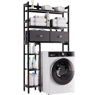 Полиця для зберігання над туалетом, 6-ярусний бамбуковий органайзер для великої ванної кімнати з боковими полицями та 2 шухлядами, міцна окремостояча полиця для економії місця у ванній кімнаті, пральня (чорна)