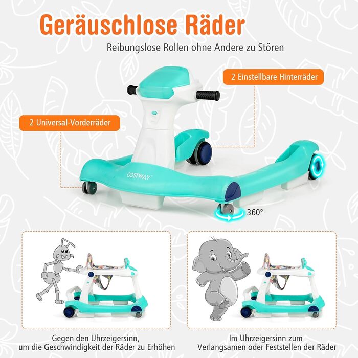 Складні ходунки для немовлят COSTWAY 2-в-1, ходунки регульовані по висоті, без прогулянок з музикою та світлом, допоміжний засіб для ходьби з захистом від зіткнень і ковзання, ходунки для немовлят, для 6-18 місяців, з навантаженням до 15 кг (зелений)