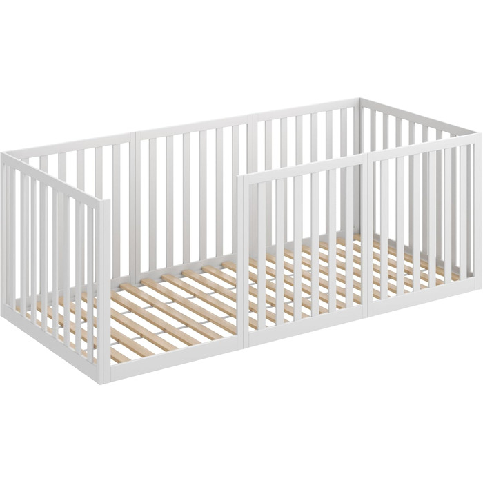 Дитяче ліжко CADANI Teso 90x200 см Ліжко-ліжко Монтессорі з дверцятами та захистом від падіння, 6 варіантів складання, масив сосни білого кольору, можна використовувати як манеж, вкл. рейкову основу 90 x 200 см білого кольору з дверцятами