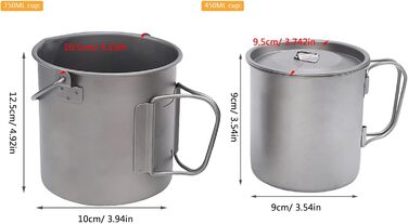 Набір з 2 титанових кухлів легка титанова чашка для кемпінгу на природі зі складною ручкою, місткістю 450 мл та 750 мл для пригод на природі, походів та подорожей