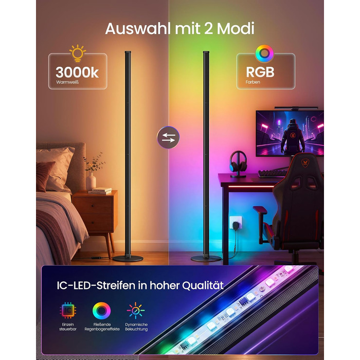 Набір з 2 LED-торшерів VASAGLE Lusia RGB та тепле біле світло (3000K), керування через додаток
