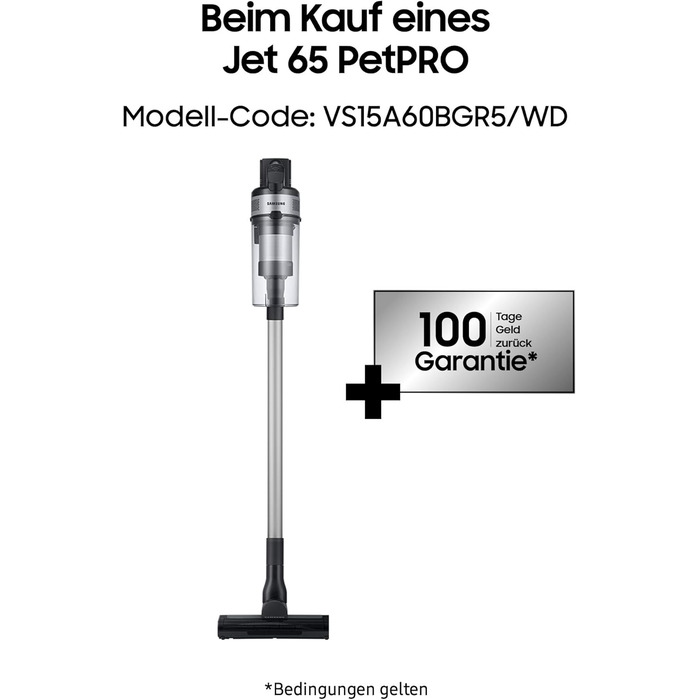 Акумуляторний пилосос Samsung Jet 65 PetPRO, 150 Вт, в комплекті щітка для шерсті та інші аксесуари, сріблястий, VS15A60BGR5/WD 15