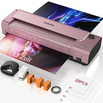 Дюймовий ламінатор A3/A4 з 20 пакетами для ламінування, гарячий та холодний ламінатор, ABS-пластик із захистом від застрягання, 10-в-1 ламінатор з різаком, тримером та закруглювачем кутів для офісу, школи та дому (шовково-червоно-сріблястий), 13-