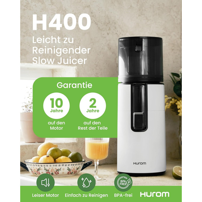 ГУРОМ H400 Соковижималка для овочів і фруктів Hurom Easy Clean H400 Чаша для різання 150 Вт Не містить бісфенолу А Білий