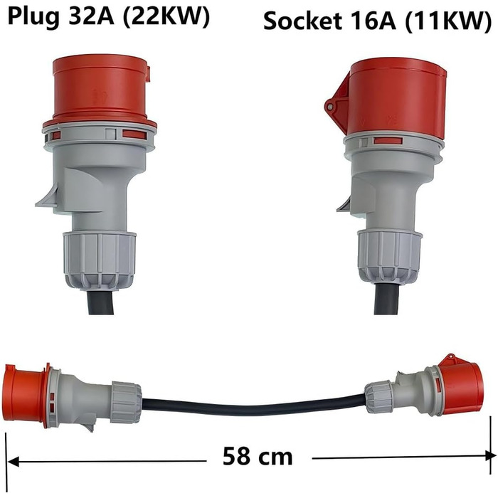 Перехідник CEE з вилки 32A на розетку 16A із захисною кришкою, 3 фази, 5 контактів, водо- та пилозахист IP44, портативний, підходить для промислового та приватного використання (32-16)