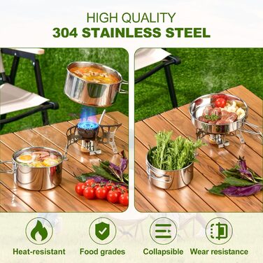 Набір посуду для кемпінгу зі сталі 304 каструлі, сковорода та портативний столовий набір для пікніків, походів та подорожей