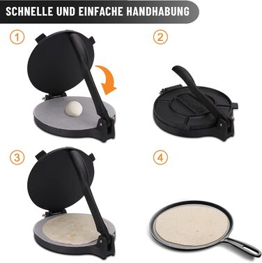 Преміальний чавунний прес для тортильї з рецептами та інструкціями (20 см)