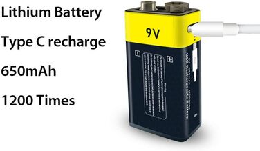 Літієві акумуляторні батареї типу C 9 В, 1,5 В, літій-іонні акумуляторні батареї USB 9 В, 650 мАг із зарядним кабелем типу C, швидка зарядка за 2 години (2 шт.) (9 В). 2-9 В