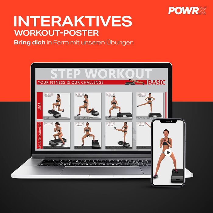 Професійний фітнес-степер POWRX Aerobics (89 x 34 см) Тренування на степері вдома або в тренажерному залі Регульована висота Нековзка поверхня Елегантний чорний колір