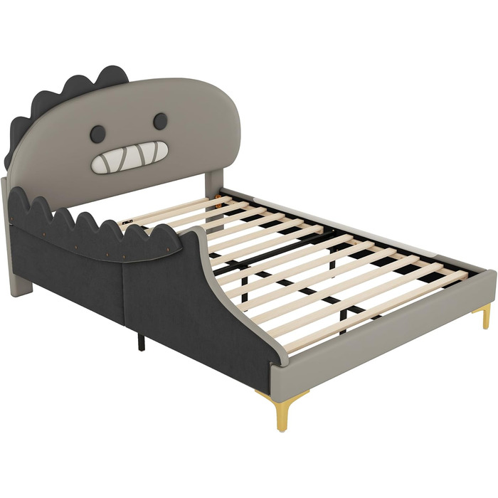 Ліжко 140x200 з рейковою основою, дитяче двоспальне ліжко, форма динозавра, каркас ліжка, молодіжне ліжко, ліжко для хлопчиків та дівчаток, ПУ, без матраца, 140 x 200 см, сірий