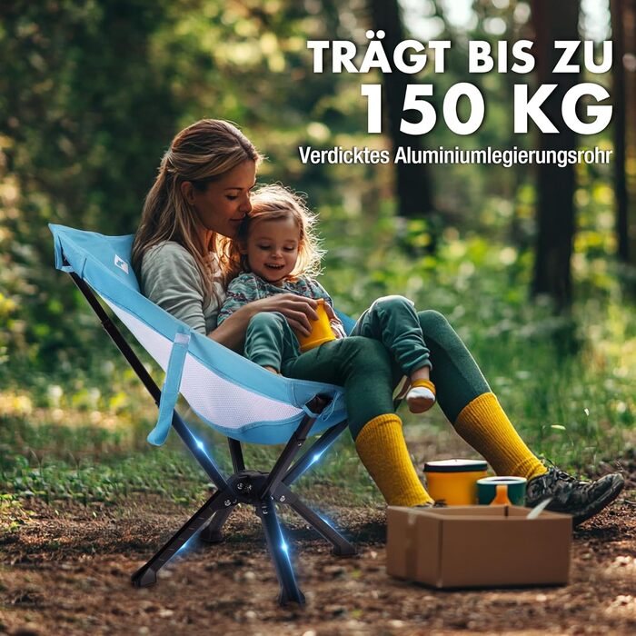 Складаний та портативний кемпінговий стілець VILLEY, синій, складний кемпінговий стілець з алюмінієвою рамою та міцною та дихаючою тканиною, вантажопідйомність 150 кг, кемпінговий стілець з сумкою для використання на свіжому повітрі, риболовля