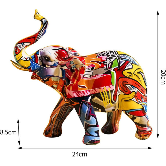 Сучасна скульптура Декоративна фігурка, статуя слона 24 X 20 см Статуя слона Художня скульптура Художня скульптура Креативне барвисте графіті, сучасне мистецтво графіті, прикраси для дому, книжкова шафа, оздоблення шафи для телевізора, орнамент для тварин