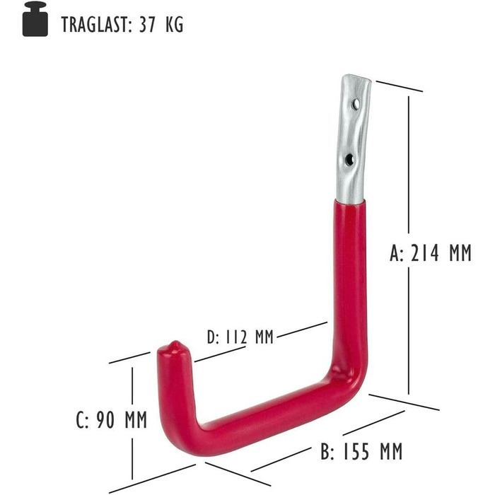 Настінний гачок siwitec U-подібна форма 214 x 155 x 90 x 112 мм червоний прогумований, набір з 6 шт. , важкі гачки, вантажопідйомність 37 кг