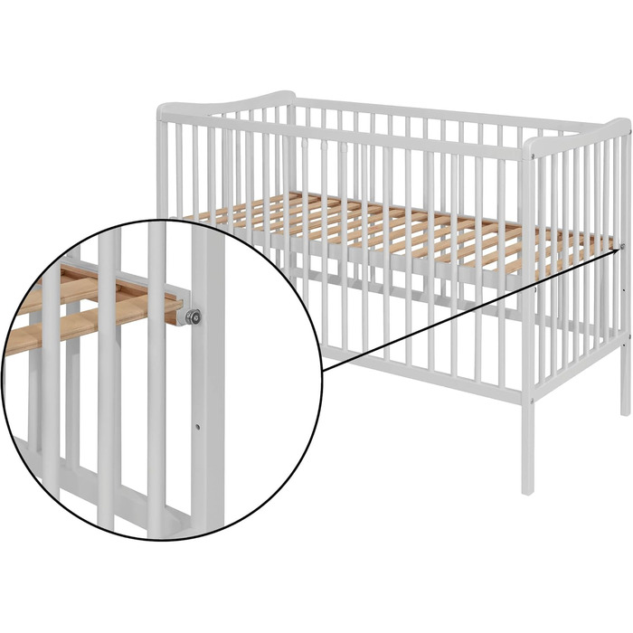 Дитяче ліжко 120x60 см Біле, протестовано на відповідність EN 716, дитяче ліжко з бука, регульована по висоті рейкова основа, 3 знімні перекладини
