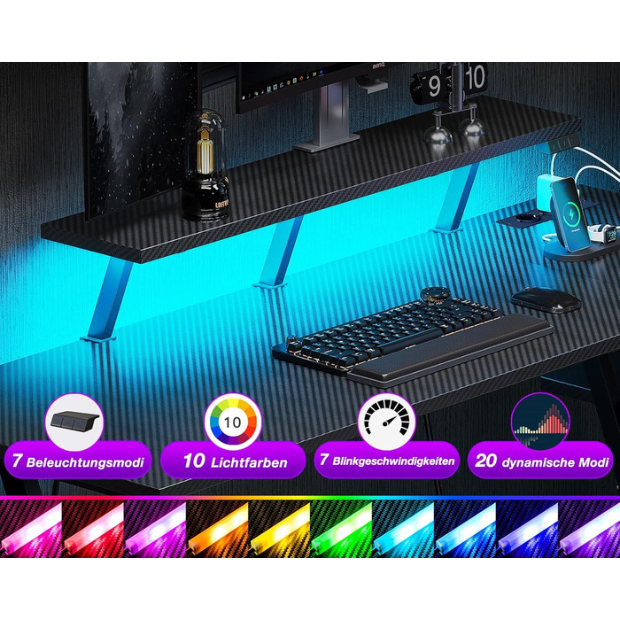 Ігровий стіл ODK зі світлодіодним освітленням та розетками, L-подібний ігровий стіл 100 см з місцем для зберігання, кутовий стіл з підставкою для монітора, комп&39ютерний стіл з вуглецевого волокна, чорний