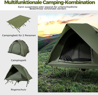 Розкладне ліжко COSTWAY з наметом для 2 осіб, кемпінгове ліжко з дощовиком, 2 сітчасті двері, мансардний вікно та сумка на колесах, кемпінговий шезлонг, вантажопідйомність 300 кг, 194 x 145 x 150 см, зелений