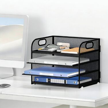 Металевий лоток для листів/документів А4, 4 відділення, лоток для паперу, що штабелюється, система подачі з сітчастою структурою та ручкою, чорний, компактний, 32,8 x 24,7 x 27,6 см, 4 відділення - чорний