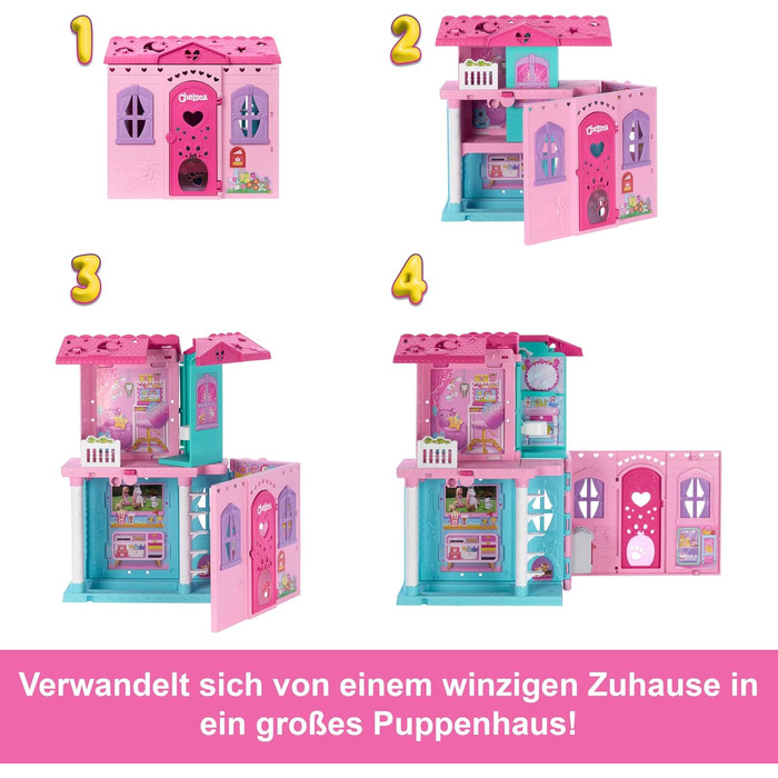 Іграшковий будиночок для ляльок Барбі Челсі з більш ніж 15 аксесуарами, розкладний будиночок розширюється до понад 42 x 33 см з 5 ігровими зонами та гіркою, з маленькою лялькою та собакою, JFW49