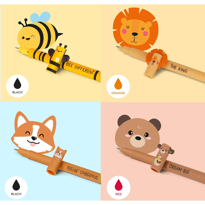 Набір із 14 гелевих ручок, що стираються, з термочутливою гумкою, різні кольори чорнил та дизайни корпусу, наконечник 0,7 мм, мотиви тварин, 14 предметів