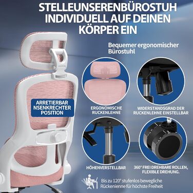 Ергономічне офісне крісло TRALT - Ігрове крісло з регульованим підголівником та поперековою опорою - Офісне крісло для дому - Комп&39ютерне крісло для високих людей - Сітчасте крісло, вантажопідйомність 150 кг, рожеве