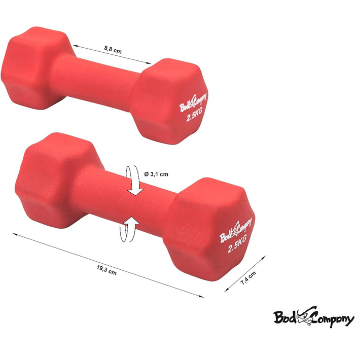 Погана компанія Неопренові гантелі від 0,5 кг до 5 кг кольорові I Малі гантелі прогумовані для фітнесу Гімнастика Аеробіка Домашній I Домашній тренажерний зал Гантелі для жінок Чоловіки I Гантелі (e - 2 x 2,5 кг (червоні))