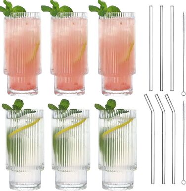 Набір рифлених келихів MUJUZE зі скляною соломинкою, 6 склянок для води Стековий естетичний скляний набір 310 мл Highball, скляні