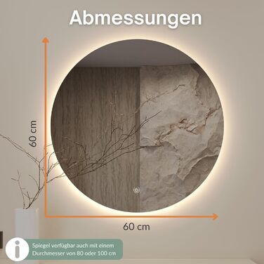 Дзеркало Planetmbel NOVA з підсвічуванням Ø 60 см, сучасне кругле настінне дзеркало для ванної кімнати, передпокою або гардеробу,