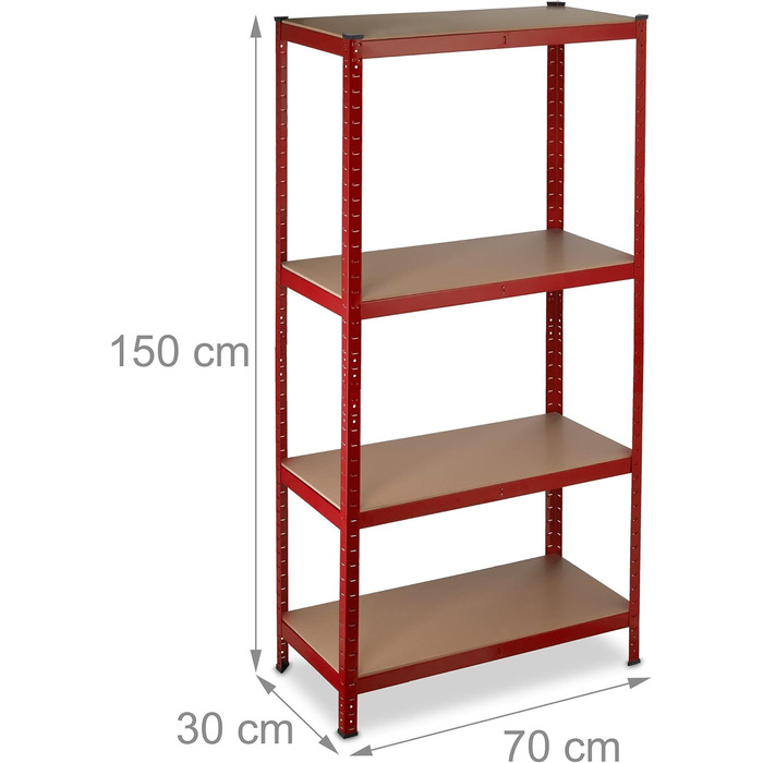 Полиця для зберігання Relaxdays High-Tech 150x70x30 см, 4 полиці, сталь, червоний Вантажопідйомність 700 кг, полиця для підвалу, гаража, вставна збірка