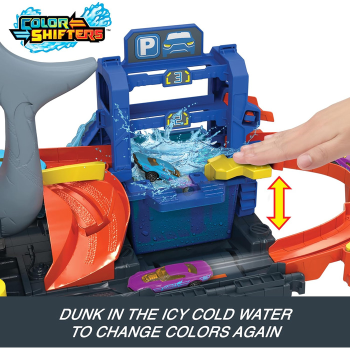 Набір іграшкових автотреків Hot Wheels Let's Race Netflix -City, автомийка Ultimate Shark з іграшковою машиною в масштабі 164, фун