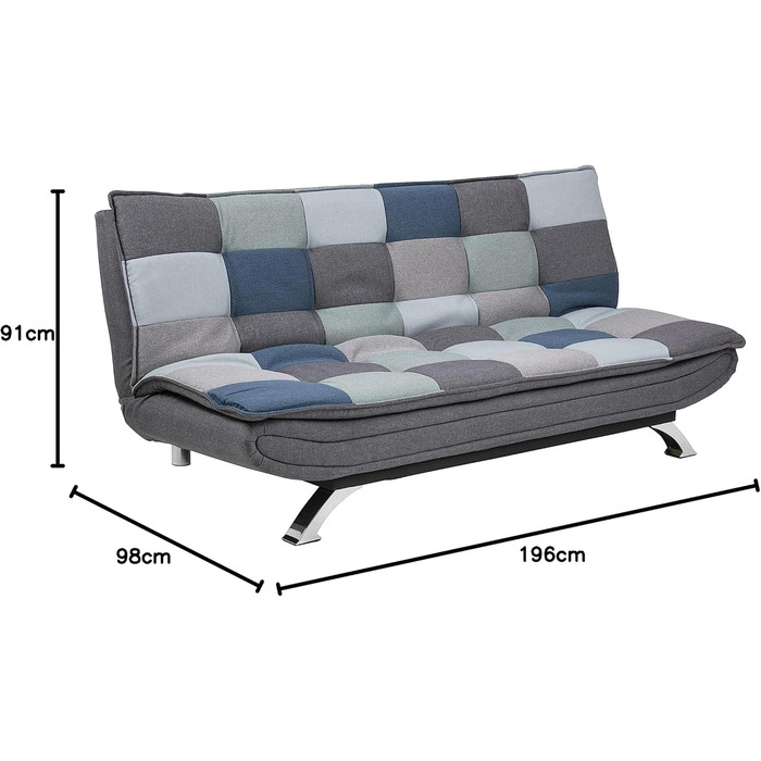 Диван-ліжко AC Design Furniture Jasper, синьо-сірий колір печворк, розкладний диван з 3 положеннями відкидання, сучасний 3-місний без підлокітників, оббитий хромованими ніжками, Д 196 x В 91 x Г 98 см, сірий/синій