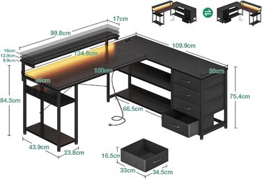 Письмовий стіл ODK з шухлядами, 135110 см, двосторонній кутовий стіл з 2 розетками та 2 портами USB для зарядки, L-подібний офісний стіл зі світлодіодним освітленням для домашнього офісу, чорний 135110 см