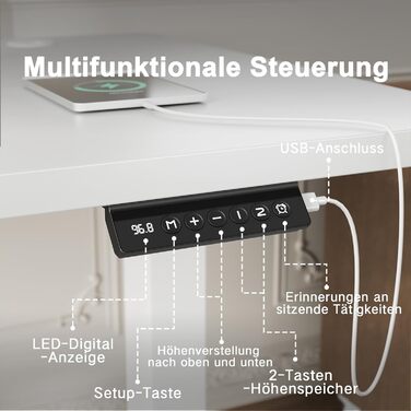 Стіл Flamaker з регульованою висотою, повна стільниця 110 x 53 см, електричний стіл, регульована висота для роботи сидячи та стоячи, комп&39ютерний стіл з функцією пам&39яті, стіл для роботи стоячи, білий, 110 x 53 см
