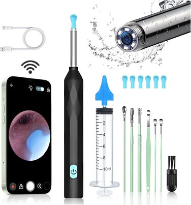 Отоскоп для видалення вушної сірки, камера для чищення вух AMDXD WiFi 8MP HD вушна камера IP4 Водонепроникний вушний отоскоп, камера отоскопа з широким кутом огляду 360, 6 світлодіодів для iPhone, iPad і смартфонів Android, чорний