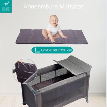 Дитяче ліжечко Urban Kanga QK Plus з регульованою висотою та пеленальний килимок, вкладиш для новонароджених, 60x120 см (сірий меланж)