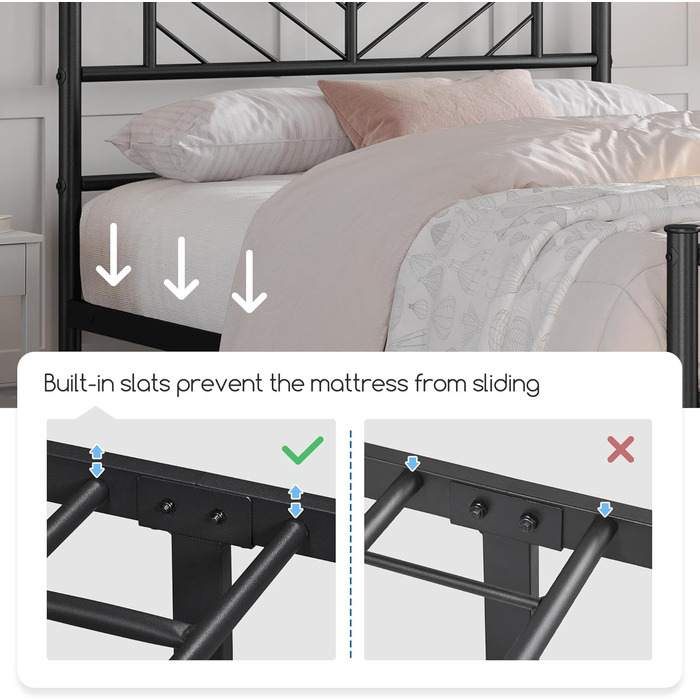 Металеве ліжко Yaheetech 90 x 200 см Мінімалістичний каркас ліжка з узголів&39ям Гостьове ліжко з рейковою основою для спальні Гостьова кімната 32 см Висота під ліжком Чорний колір 90 x 200 см