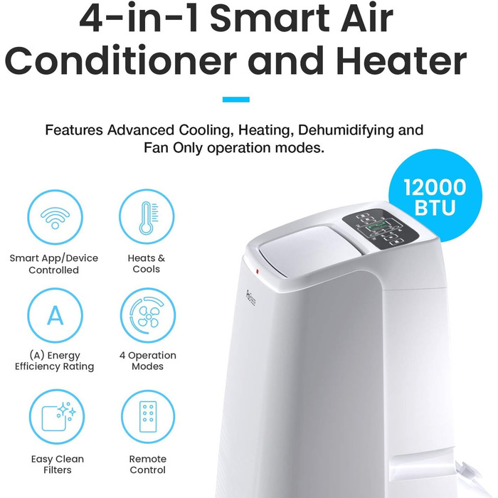 Мобільний кондиціонер Pro Breeze 4-в-1 12000 BTU (розмір кімнати 50) з додатком і Wi-Fi - Мобільний кондиціонер для опалення та охолодження, вентилятор, осушувач - клас енергоспоживання A, витяжний шланг, 24-годинний таймер