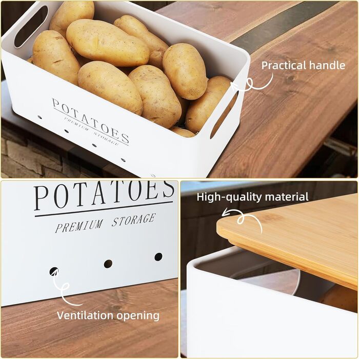Ящик для зберігання картоплі - Комплект із 3 предметів - Зберігання картоплі, цибулі та часнику - Довше зберігає овочі свіжими - Горщик для картоплі, горщик для цибулі та горщик для часнику - Білий
