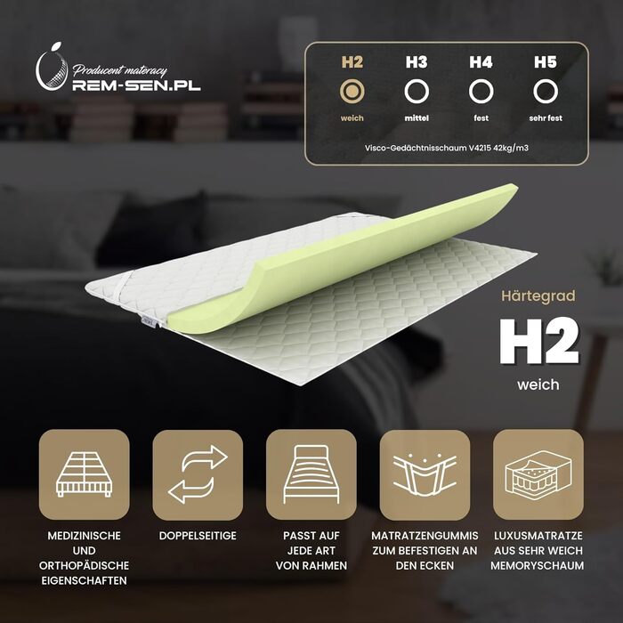 Наматрацник REM-Sen з піни з ефектом пам&39яті 70x200 см, висота 6 см, рівень жорсткості 2 (H2), розкішний матрац з дуже м&39якої піни з ефектом пам&39яті, тришаровий мембранний чохол для дивана, ліжка, сертифікований Oeko-Tex H2 70x200 см