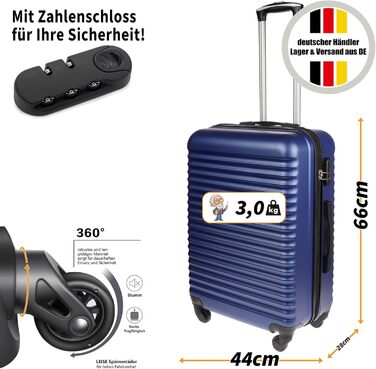 Валіза Christian Wippermann L 80L - Міцна валіза з твердою оболонкою з ABS-пластику, розмір L 44x66x28 см - Легка з замком - 4 колеса, поворот на 360 - Ідеально підходить для подорожей - Легка валіза на колесах середнього розміру, чорна, синя