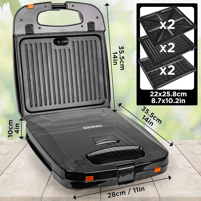 Бутербродниця Duronic SWM60 3-в-1, контактний гриль і вафельниця 1200 Вт, тостер для сендвічів на 4 тости, бельгійські вафлі, гриль, сендвіч-машина, паніні для стейка, овочі, 3 тарілки