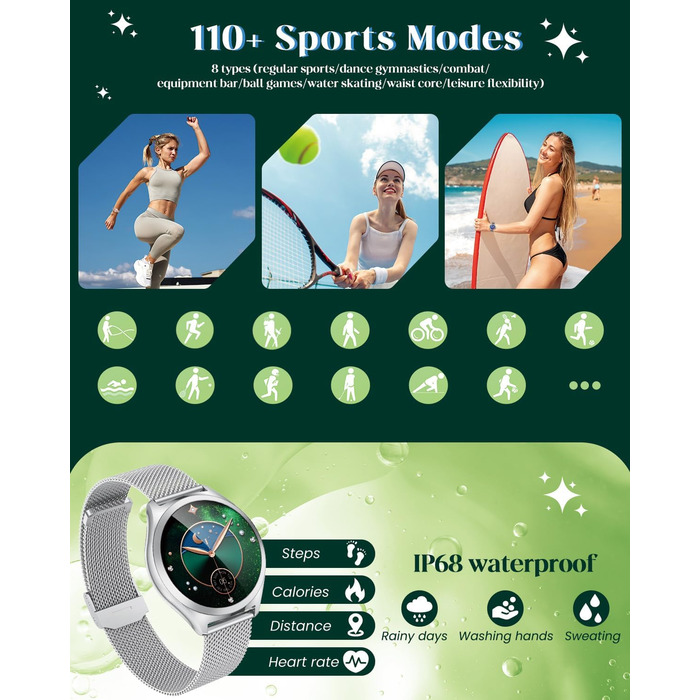 Срібний смарт-годинник для жінок, круглий смарт-годинник для жінок, металевий браслет, функція телефону, крокомір, монітор сну, серцевий ритм, кров&39яний тиск, водонепроникний 1,27 дюйма, маленький тонкий сенсорний екран, спортивний фітнес-годинник