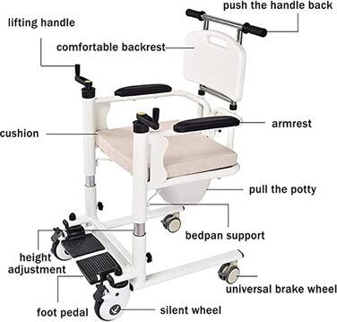 Крісло для перенесення підйому пацієнтів, регульована підйомна ванна Мобільна інвалідна коляска Commode з сидінням для унітазу, крісло для душу з підйомником для перенесення пацієнтів з туалетом для інвалідів