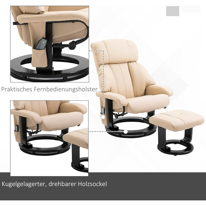 Крісло-реклайнер HOMCOM з підніжкою, обертове крісло для телевізора з функцією масажу, функція відкидання, масажне крісло з пультом дистанційного керування, бічна кишеня, крісло-реклайнер зі штучної шкіри для вітальні, кремово-білий, Д76 x Ш80 x В102 см