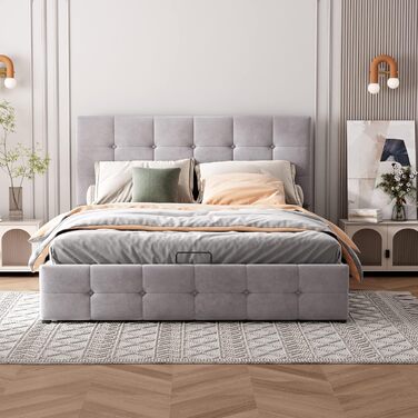 М&39яке ліжко 140x200, двоспальне ліжко з узголів&39ям, ліжко з місцем для зберігання речей, дитяче ліжко з гідравлічним місцем для зберігання речей, функціональне ліжко, гостьове ліжко, каркас ліжка з рейковою основою, без матраца, оксамит (сірий)