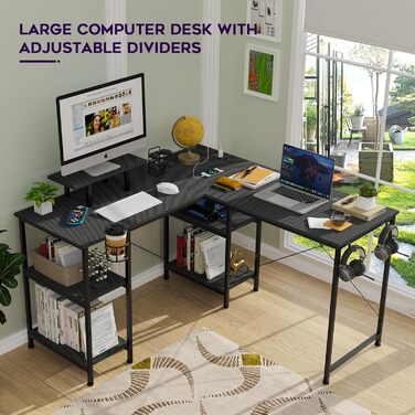 Ігровий стіл 210 x 50 см з розеткою та USB-портом, 3 варіанти встановлення, L-подібний ігровий стіл з полицею для монітора, ігровий стіл для ПК з карбоновою поверхнею