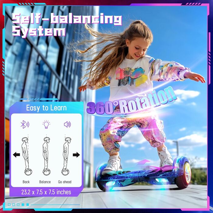 Електричний самокат Zoll 6,5 з Bluetooth, миготливими світлодіодними шинами та підсвічуванням двигунів, універсальний ховерборд для хлопчиків, дівчаток, дітей, підлітків
