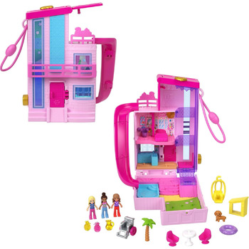 Ігровий набір Polly Pocket Barbie Dreamhouse Box, з 3 мікроляльками, 1 цуценям, 11 аксесуарами, ліфтом та басейном, HWP11