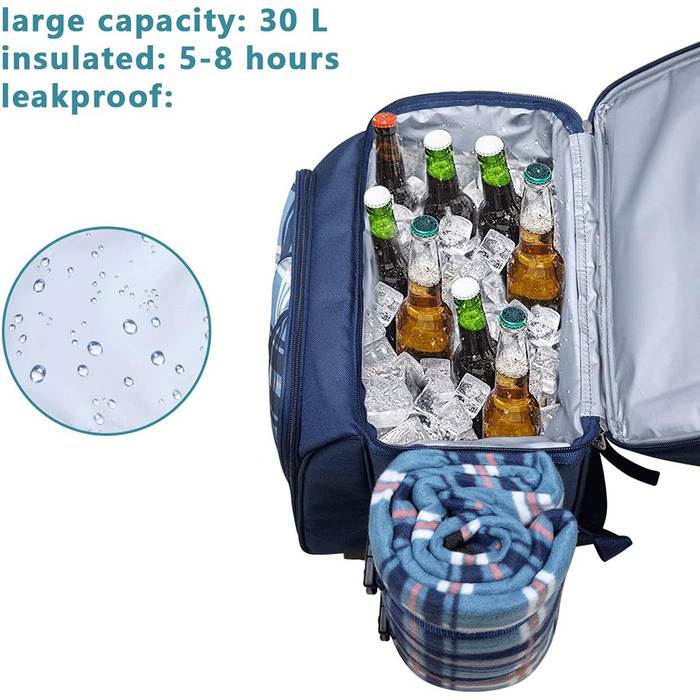 Рюкзак-кошик для пікніка Hap Tim для 2 осіб з ізольованим герметичним відділенням-холодильником, тримачем для вина, флісовою ковдрою, набором столових приборів, ідеально підходить для пляжної вечірки та кемпінгу (EU-36083-BL) 2 особи світло-блакитний