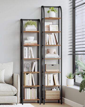 Полиця Hzuaneri, книжкова шафа, 7-ярусна полиця, полиця для DVD, вузькі полиці, офісна полиця в індустріальному стилі, металевий каркас для вітальні, спальні, кухні, вінтажний коричнево-чорний BC57001B 30 x 33,6 x 208,5 см, вінтажний коричнево-чорний